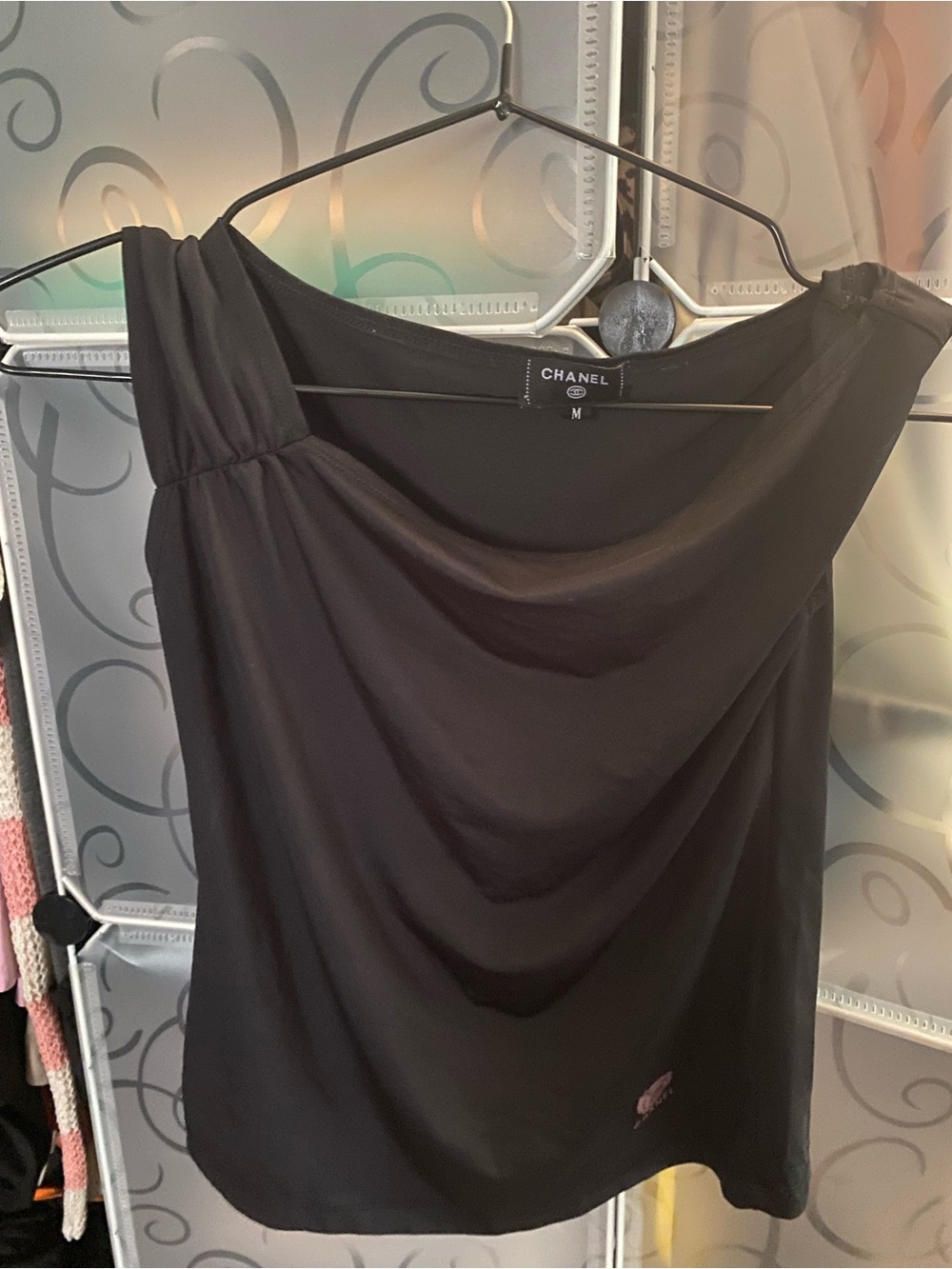 CHANEL Black One-Shoulder Draped Top
